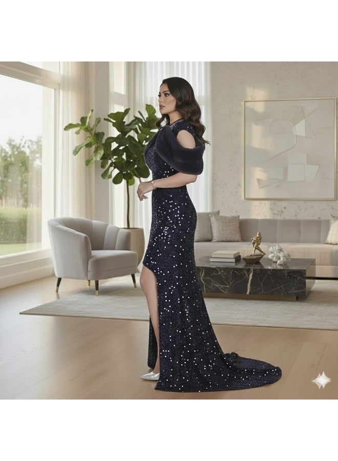 FULL JOY Elegant Long Dress with Soft Fur Detailing on the Shoulders for added Elegance and Beauty - Image 4